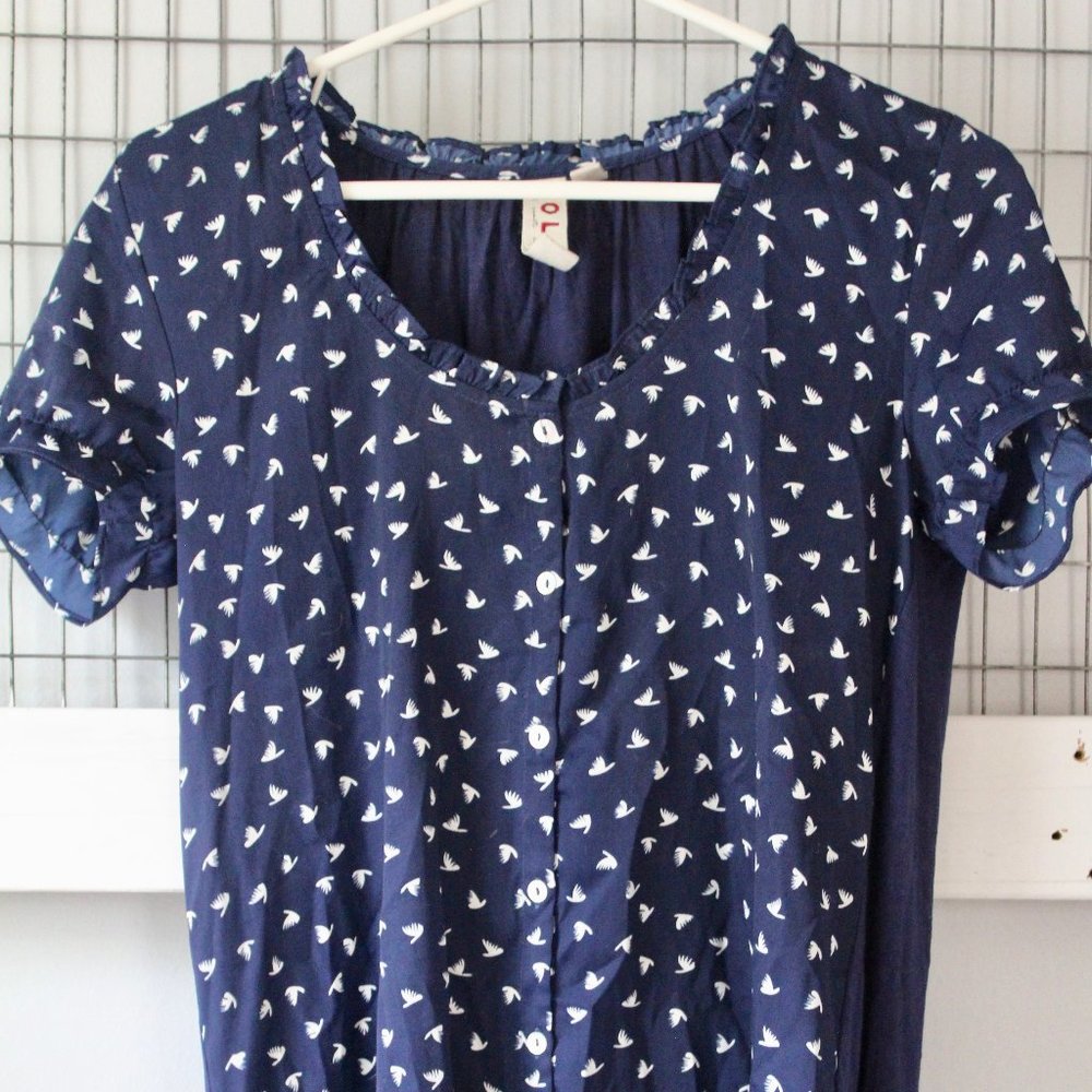 Navy Blue Bird Patterned Short Sleeve Top